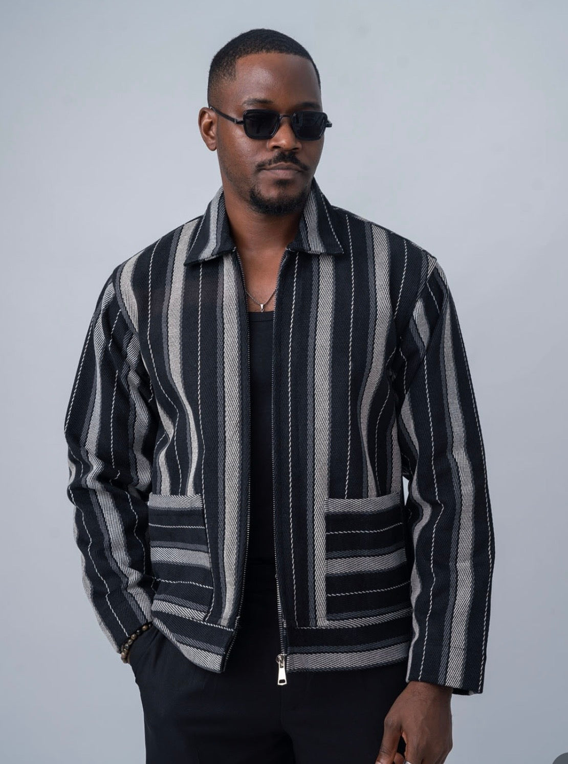 Men’s Striped Zip Jacket – Black & Grey