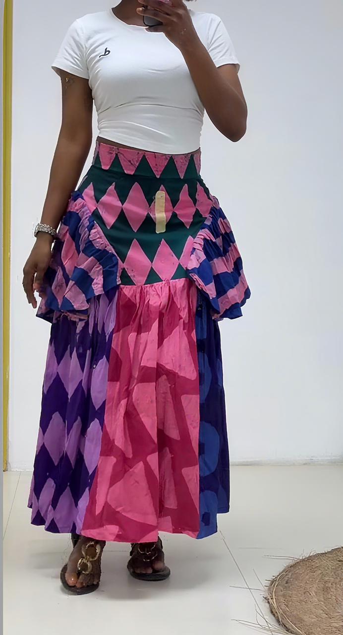 Adire Layered Skirt- Pink