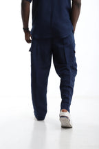 Linen and Aso-oke Cargo Pants- Navy Blue