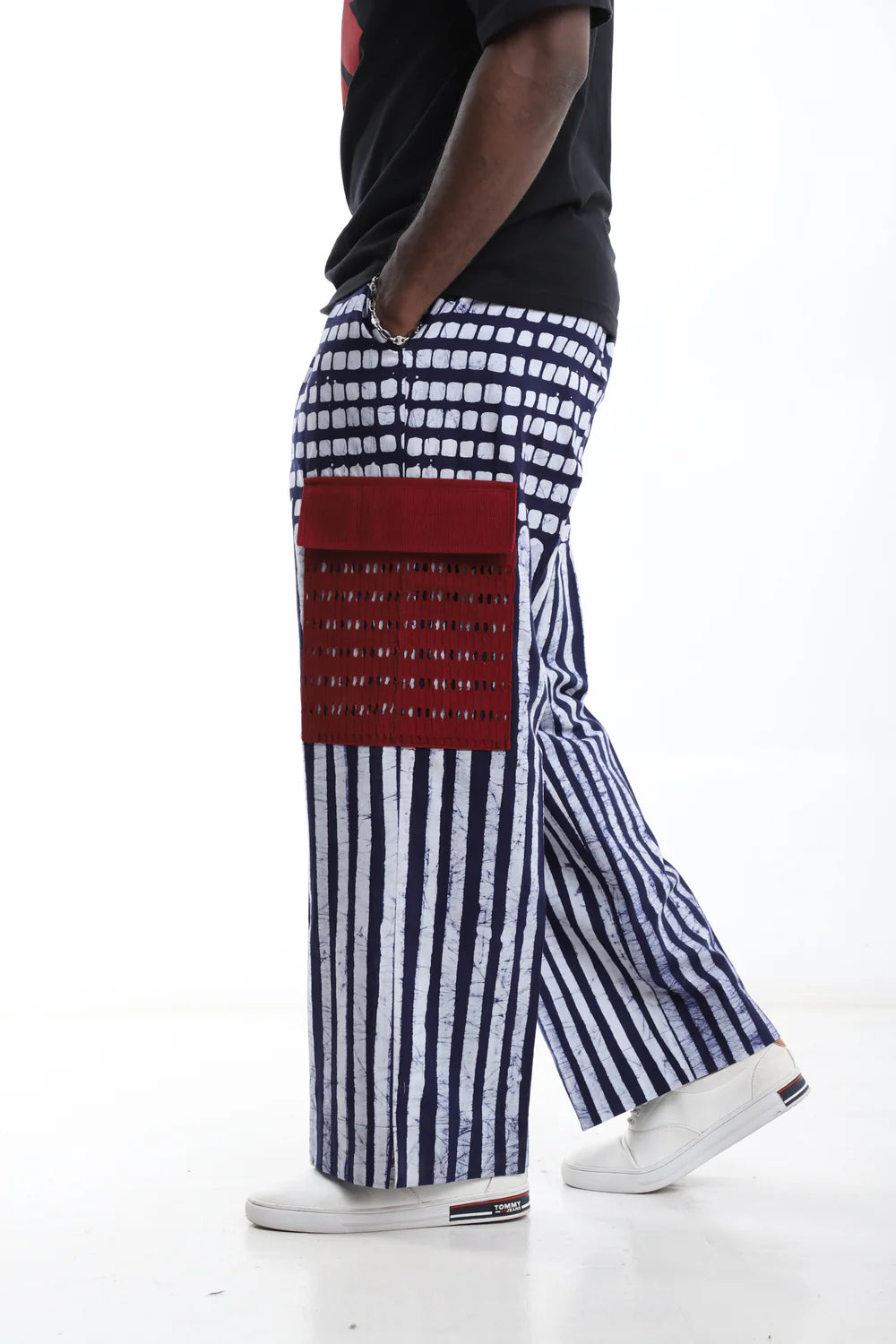 Adire Cargo Pants – Navy Stripes & Red
