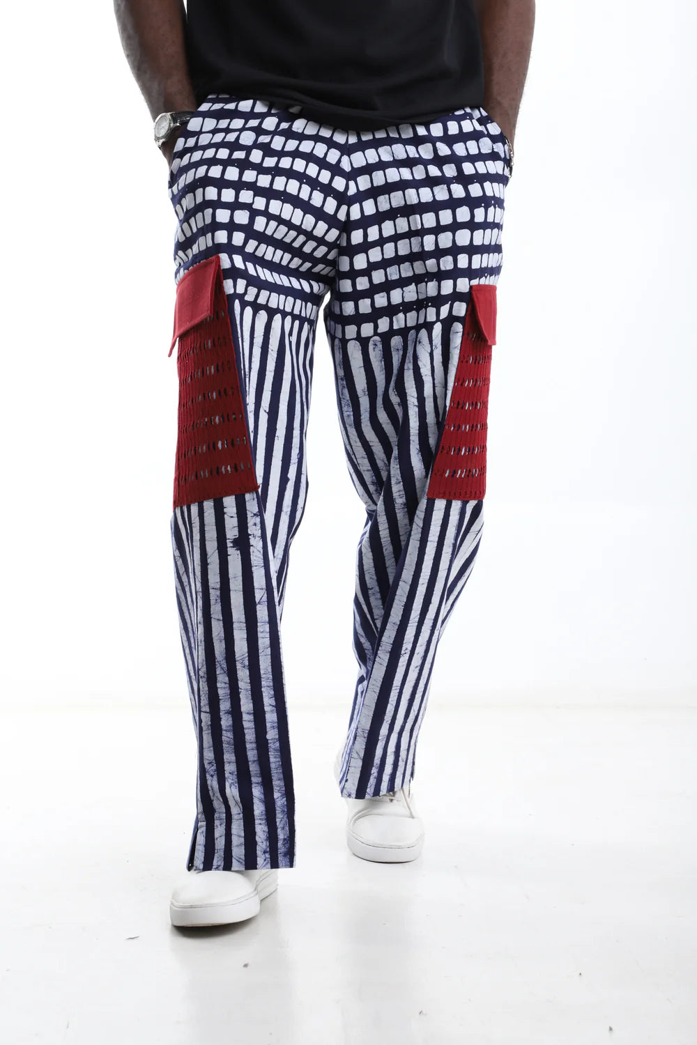 Adire Cargo Pants – Navy Stripes & Red