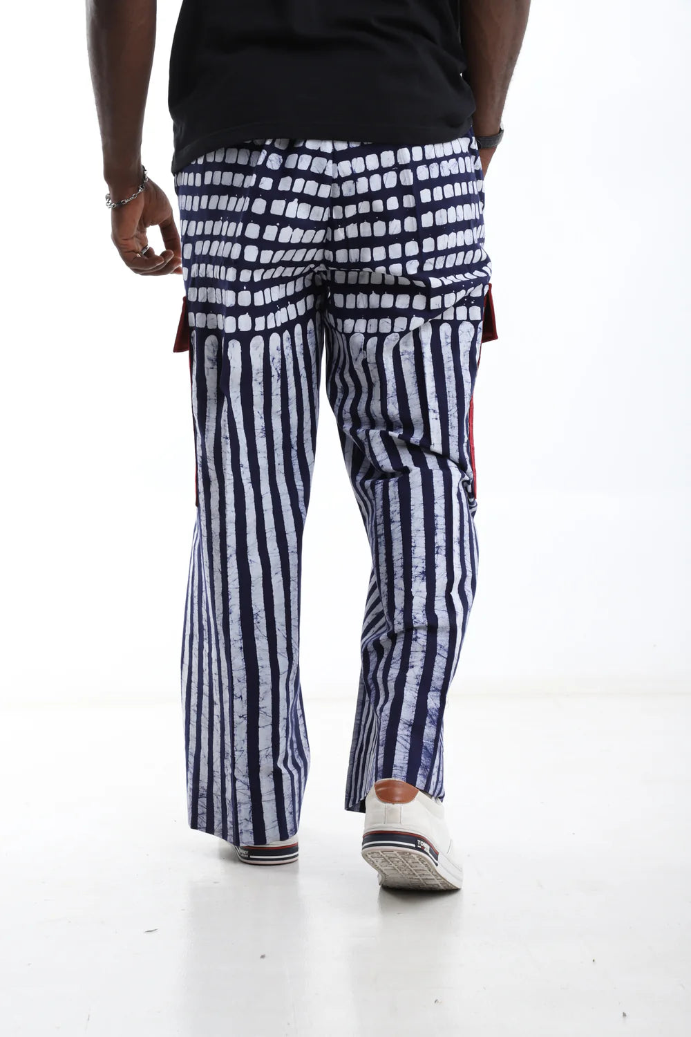 Adire Cargo Pants – Navy Stripes & Red